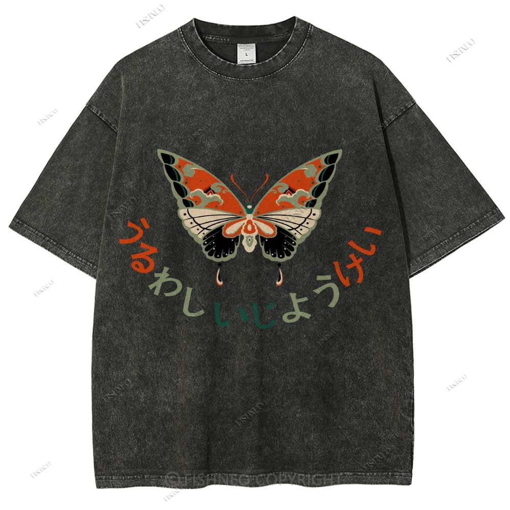 Unisex Japanese Butterfly Printed Washed Tee
