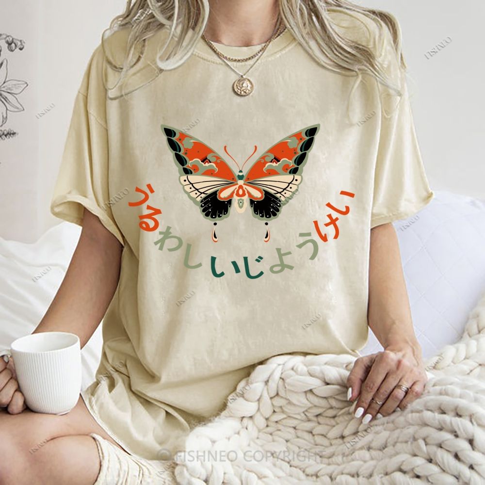 Unisex Japanese Butterfly Printed Washed Tee