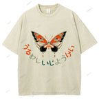 Unisex Japanese Butterfly Printed Washed Tee