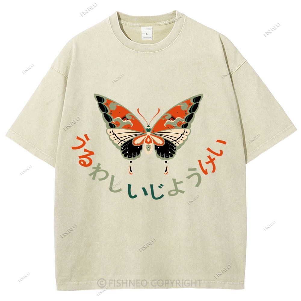 Unisex Japanese Butterfly Printed Washed Tee
