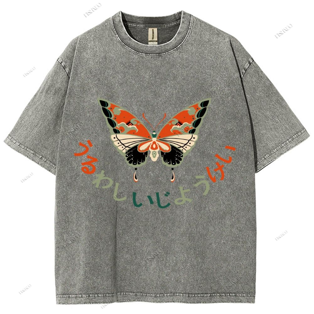 Unisex Japanese Butterfly Printed Washed Tee