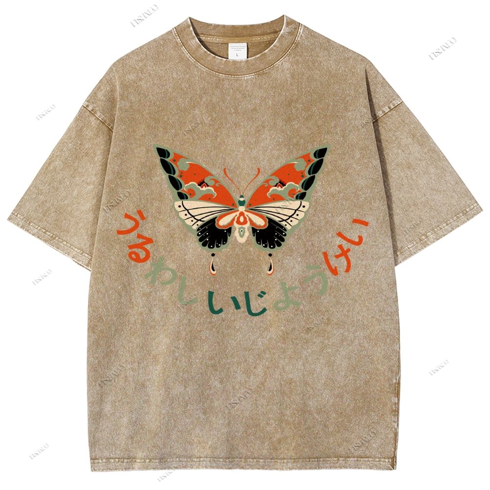 Unisex Japanese Butterfly Printed Washed Tee
