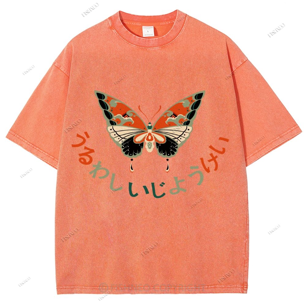 Unisex Japanese Butterfly Printed Washed Tee