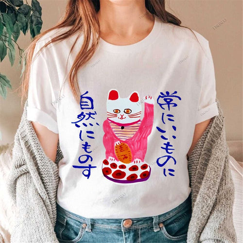 Funny Japanese Fortune Cat Cotton Casual T-Shirt
