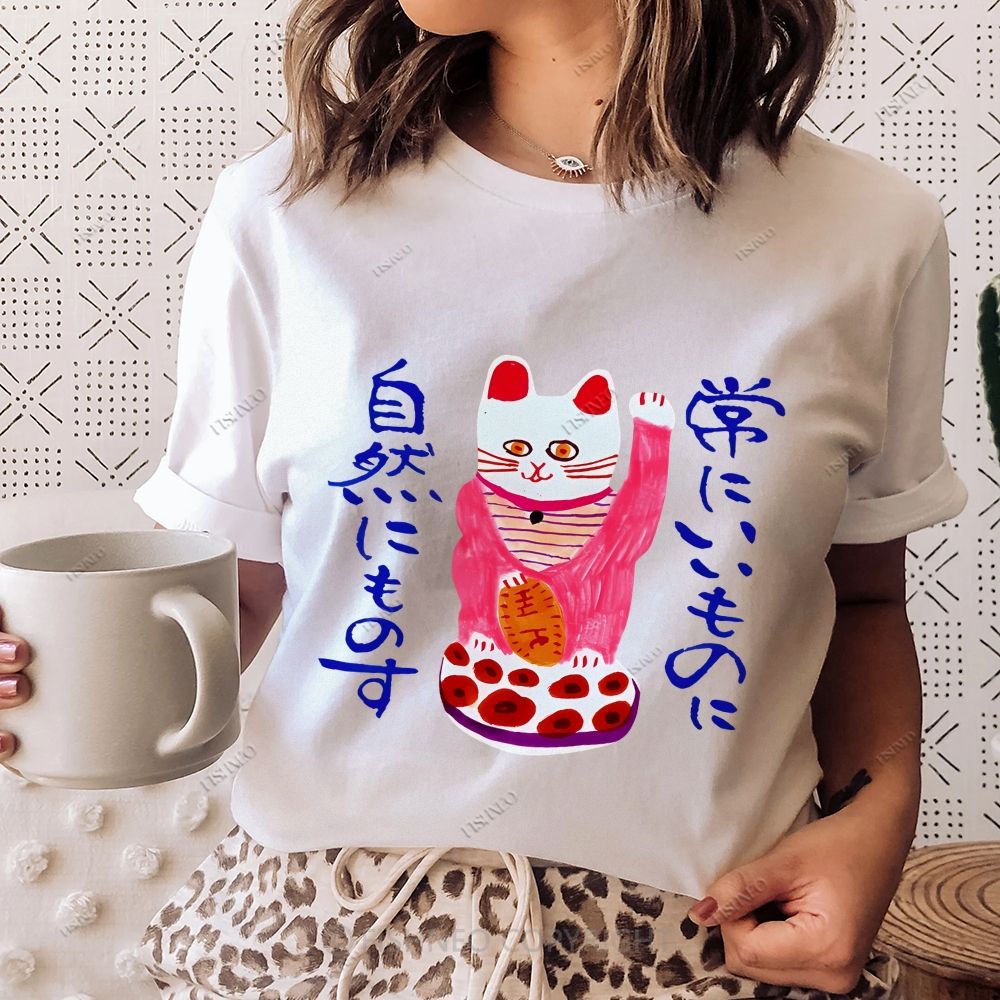 Funny Japanese Fortune Cat Cotton Casual T-Shirt