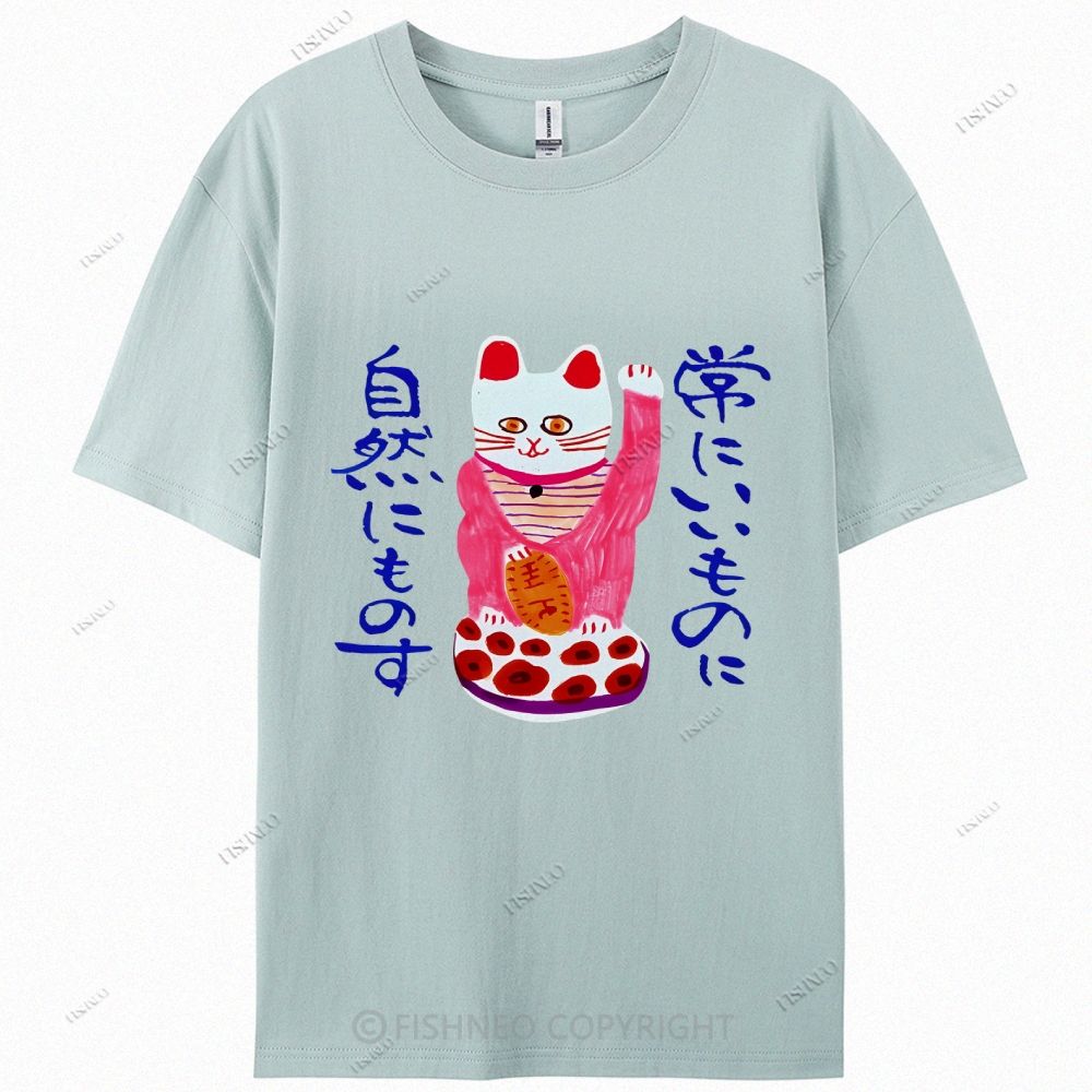 Funny Japanese Fortune Cat Cotton Casual T-Shirt