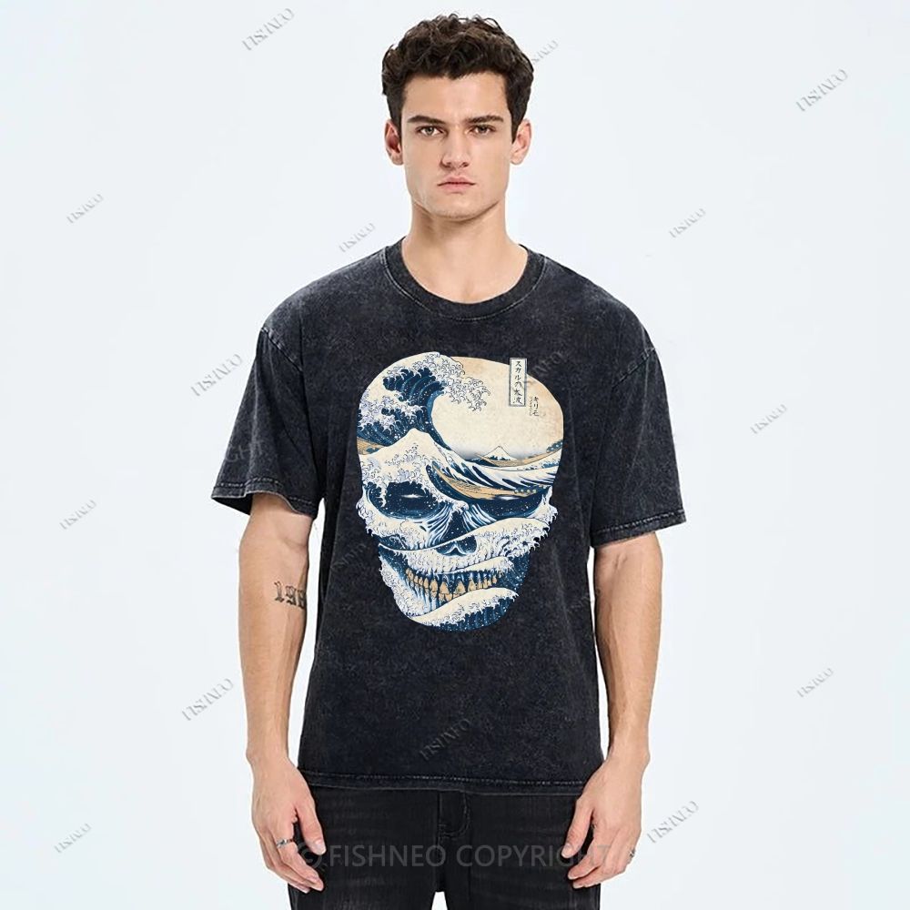 Unisex Japanese Wave Skull Printed Washed Tee
