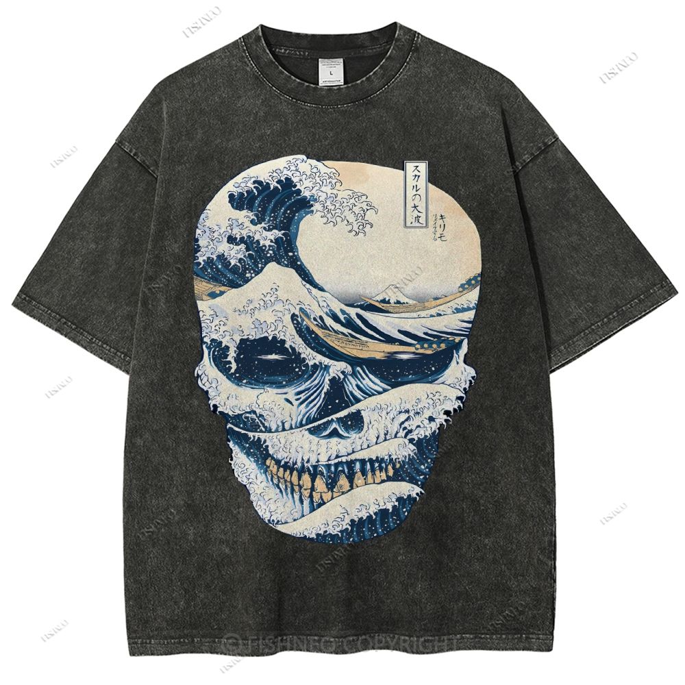 Unisex Japanese Wave Skull Printed Washed Tee