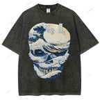 Unisex Japanese Wave Skull Printed Washed Tee
