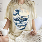 Unisex Japanese Wave Skull Printed Washed Tee