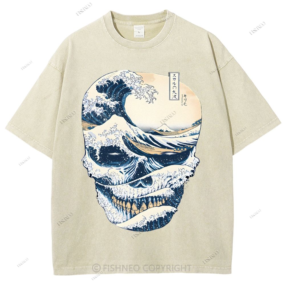 Unisex Japanese Wave Skull Printed Washed Tee