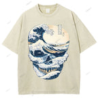 Unisex Japanese Wave Skull Printed Washed Tee