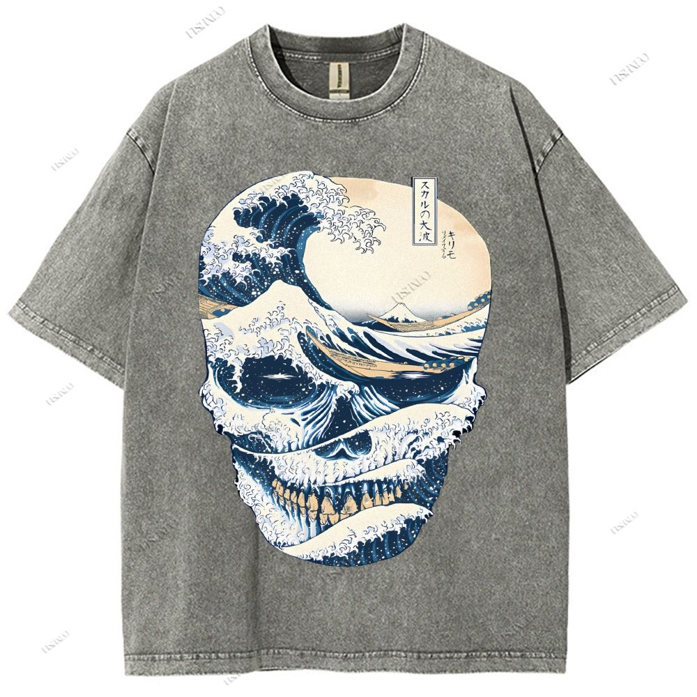 Unisex Japanese Wave Skull Printed Washed Tee