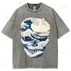 Unisex Japanese Wave Skull Printed Washed Tee