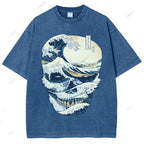 Unisex Japanese Wave Skull Printed Washed Tee