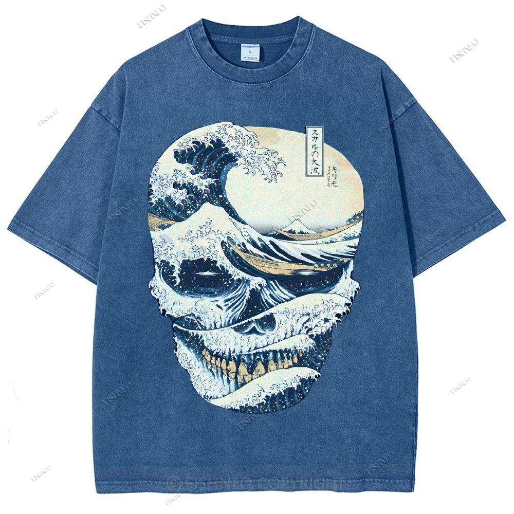 Unisex Japanese Wave Skull Printed Washed Tee
