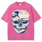 Unisex Japanese Wave Skull Printed Washed Tee