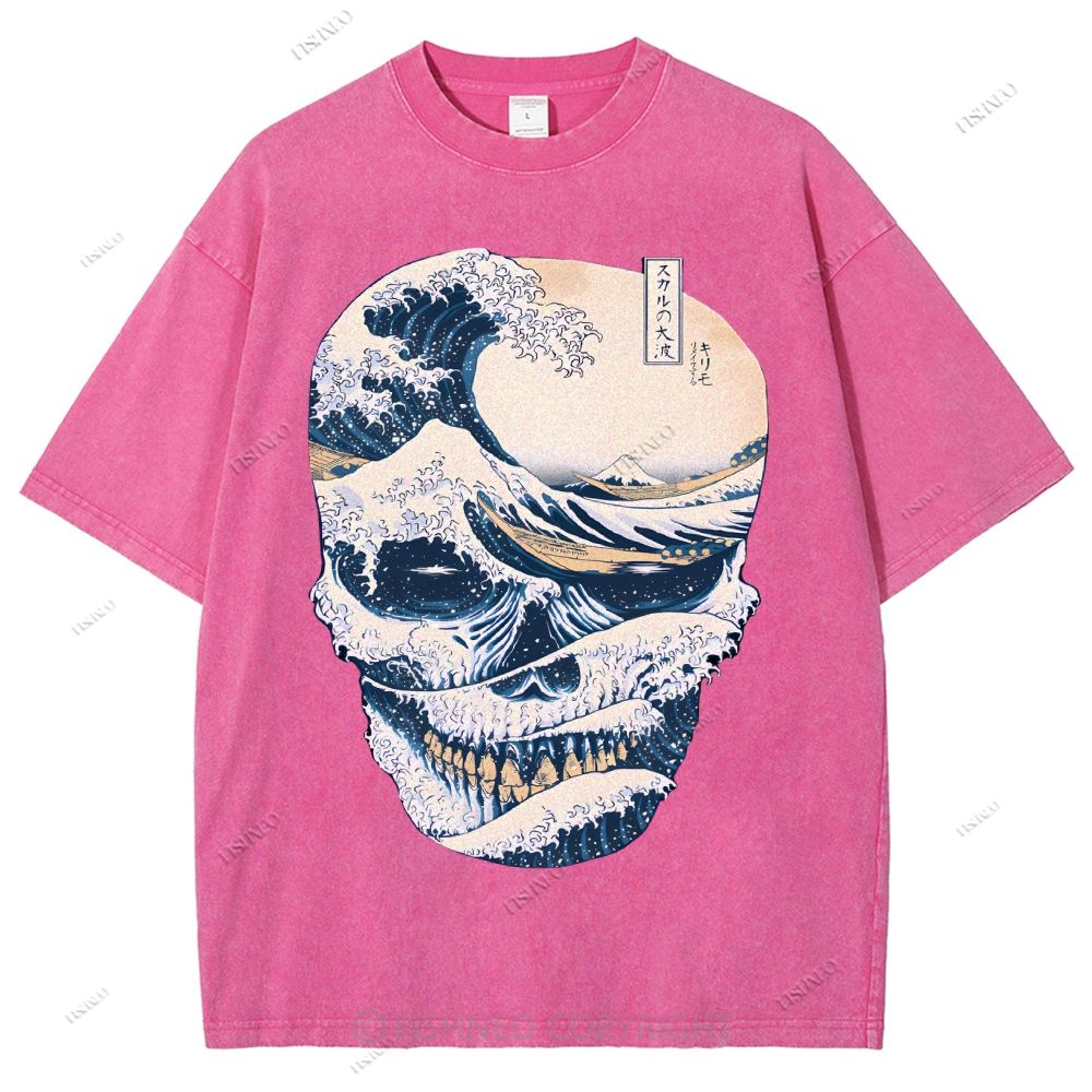 Unisex Japanese Wave Skull Printed Washed Tee