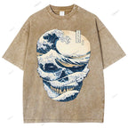 Unisex Japanese Wave Skull Printed Washed Tee