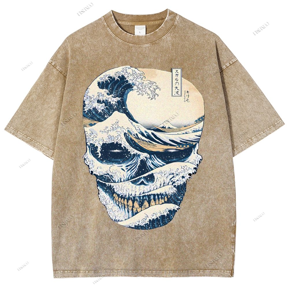 Unisex Japanese Wave Skull Printed Washed Tee