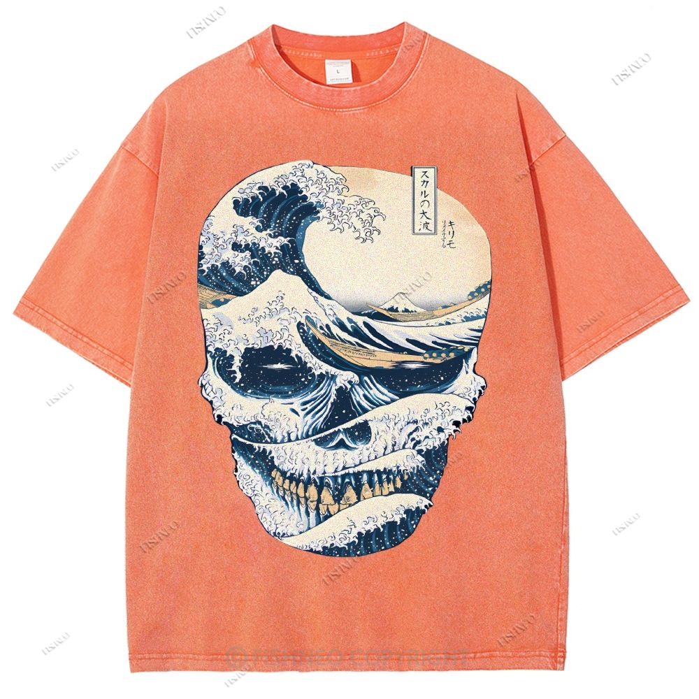 Unisex Japanese Wave Skull Printed Washed Tee