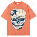 Unisex Japanese Wave Skull Printed Washed Tee