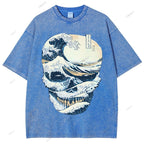 Unisex Japanese Wave Skull Printed Washed Tee