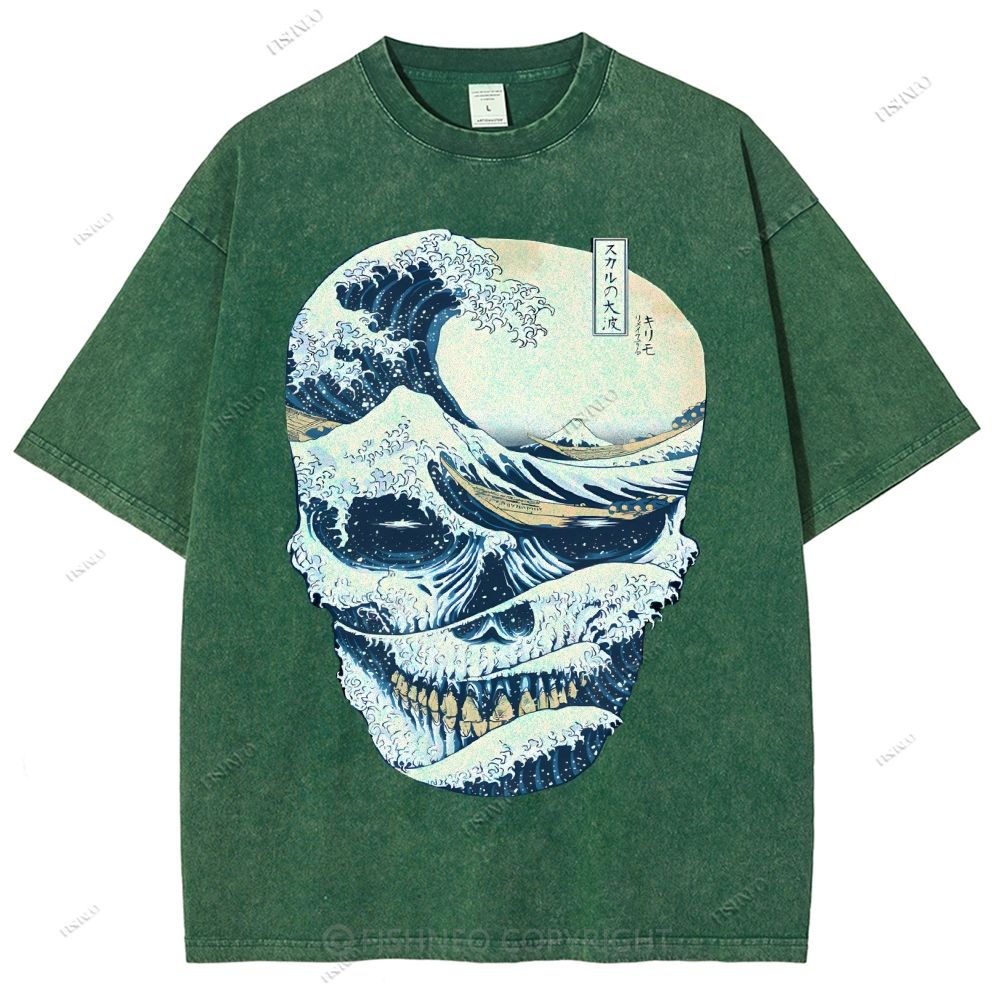 Unisex Japanese Wave Skull Printed Washed Tee