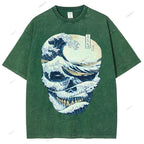Unisex Japanese Wave Skull Printed Washed Tee