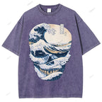Unisex Japanese Wave Skull Printed Washed Tee