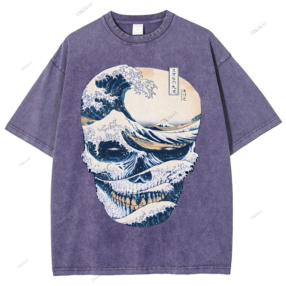 Unisex Japanese Wave Skull Printed Washed Tee