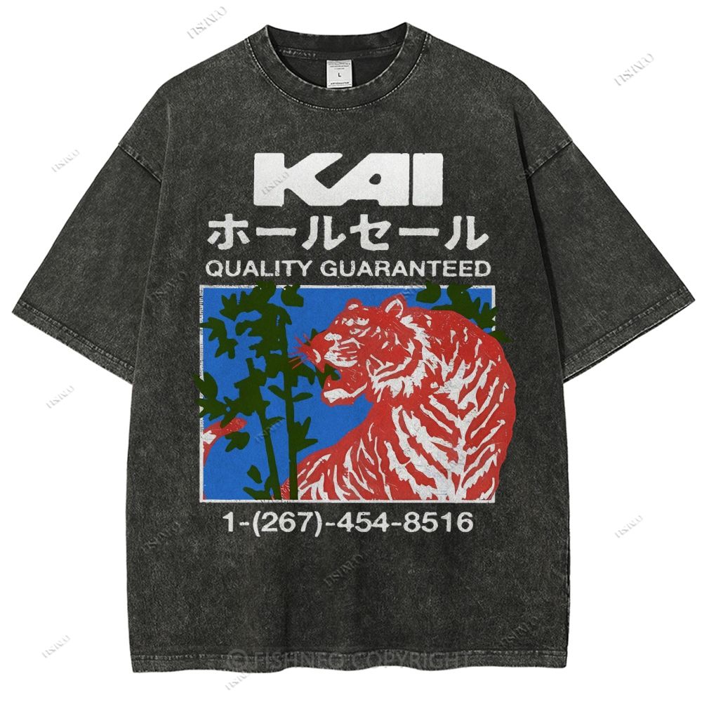 Unisex Japanese Tiger Printed Washed Tee