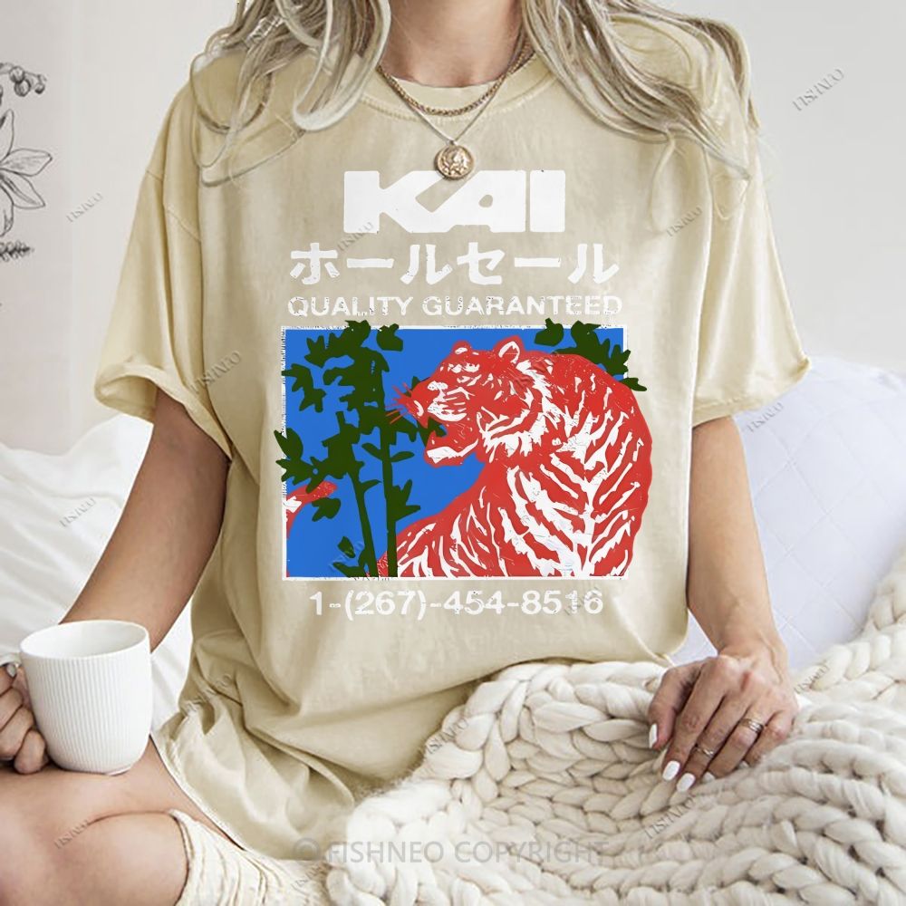 Unisex Japanese Tiger Printed Washed Tee