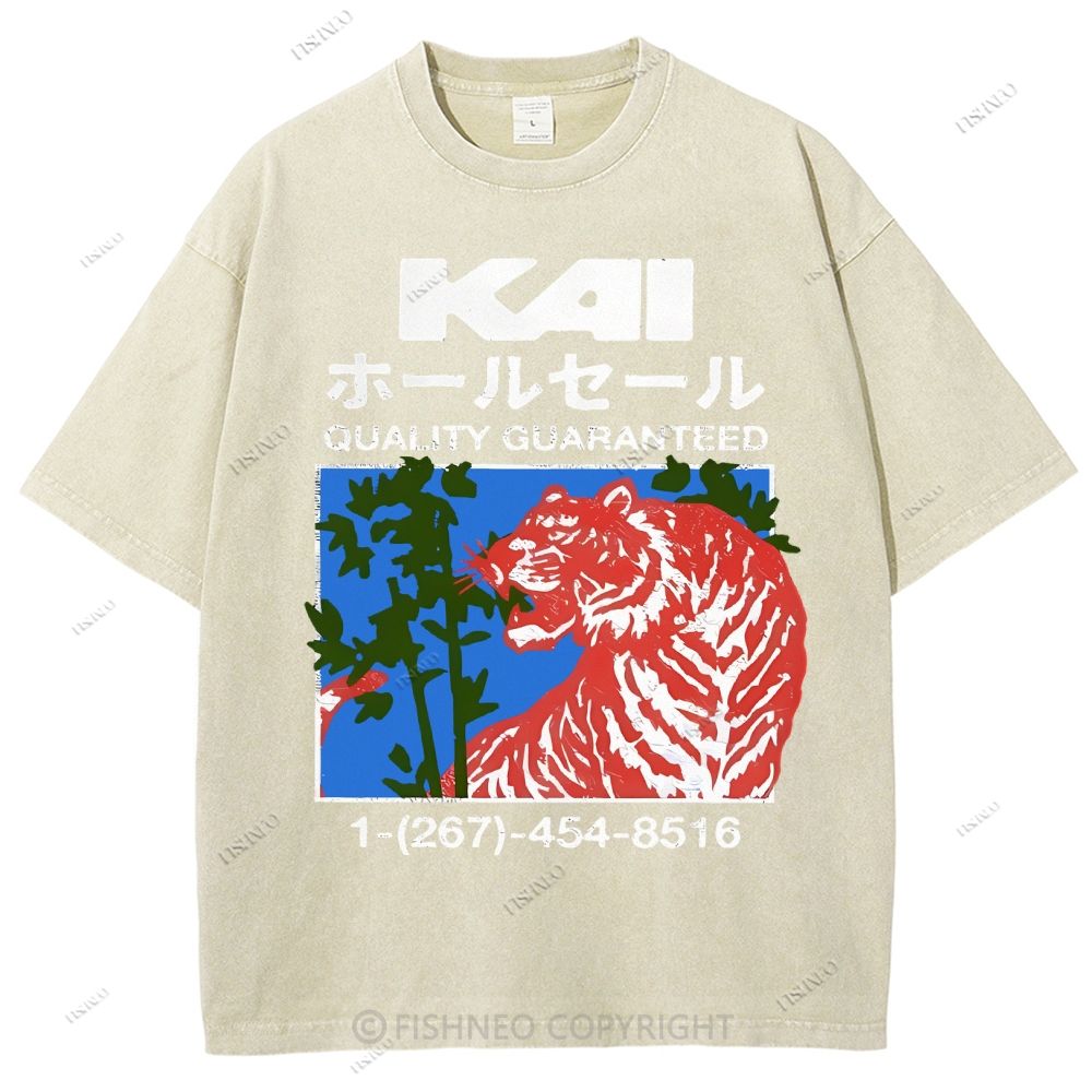 Unisex Japanese Tiger Printed Washed Tee