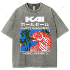 Unisex Japanese Tiger Printed Washed Tee