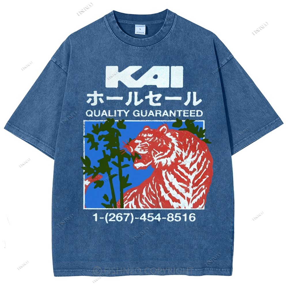 Unisex Japanese Tiger Printed Washed Tee