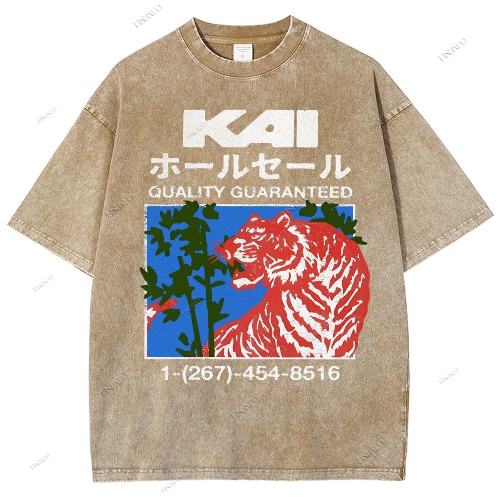 Unisex Japanese Tiger Printed Washed Tee