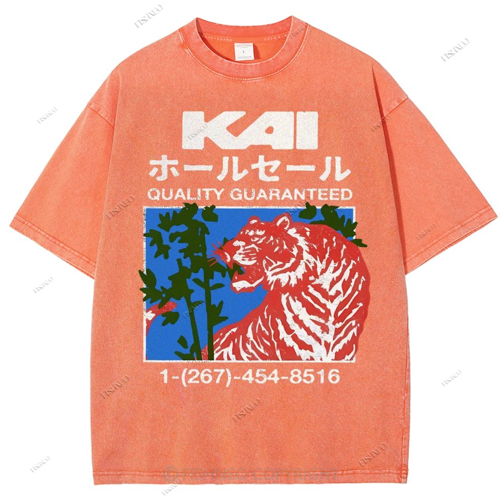 Unisex Japanese Tiger Printed Washed Tee