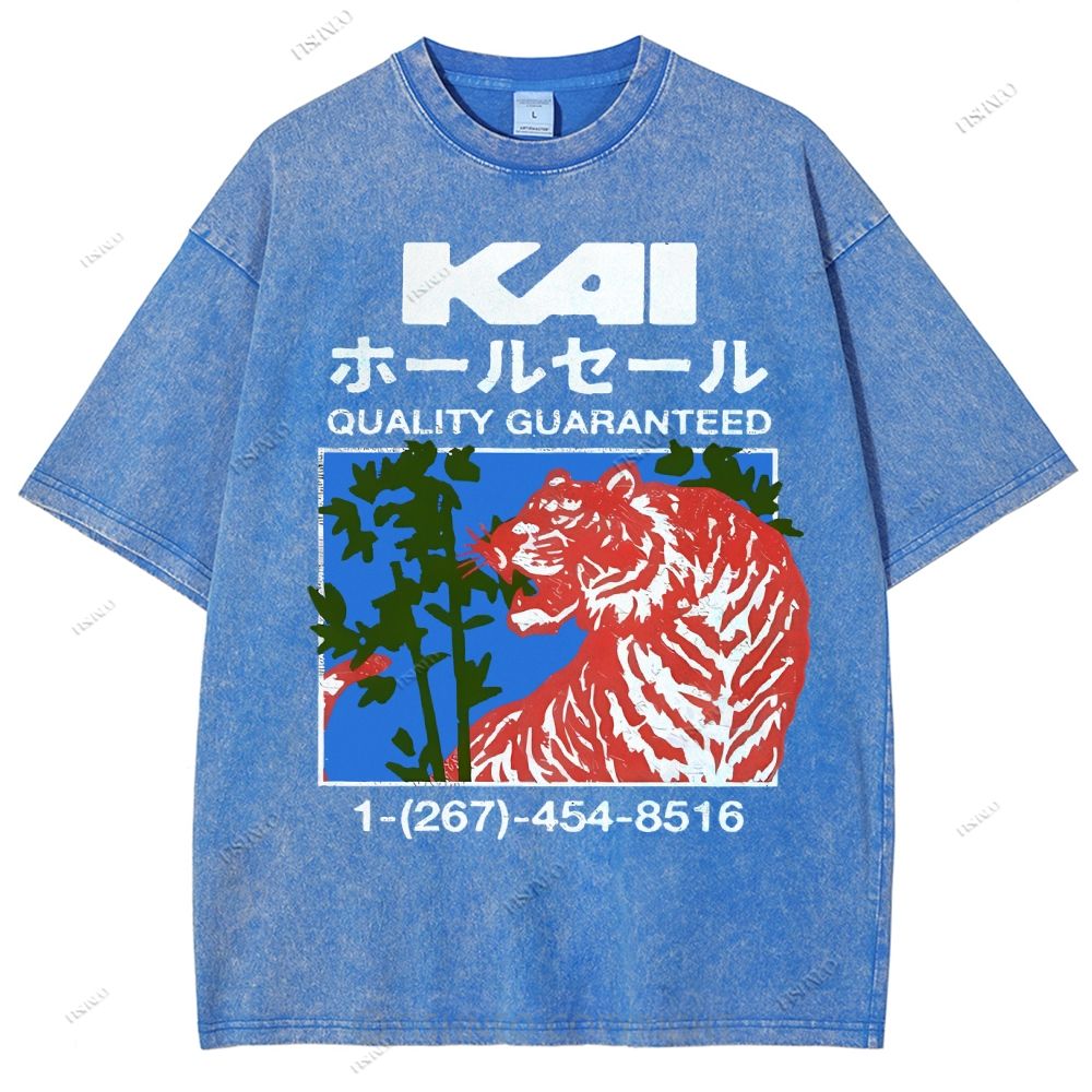 Unisex Japanese Tiger Printed Washed Tee