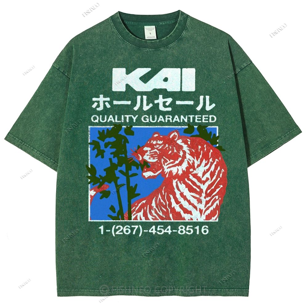 Unisex Japanese Tiger Printed Washed Tee
