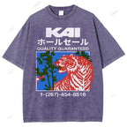 Unisex Japanese Tiger Printed Washed Tee