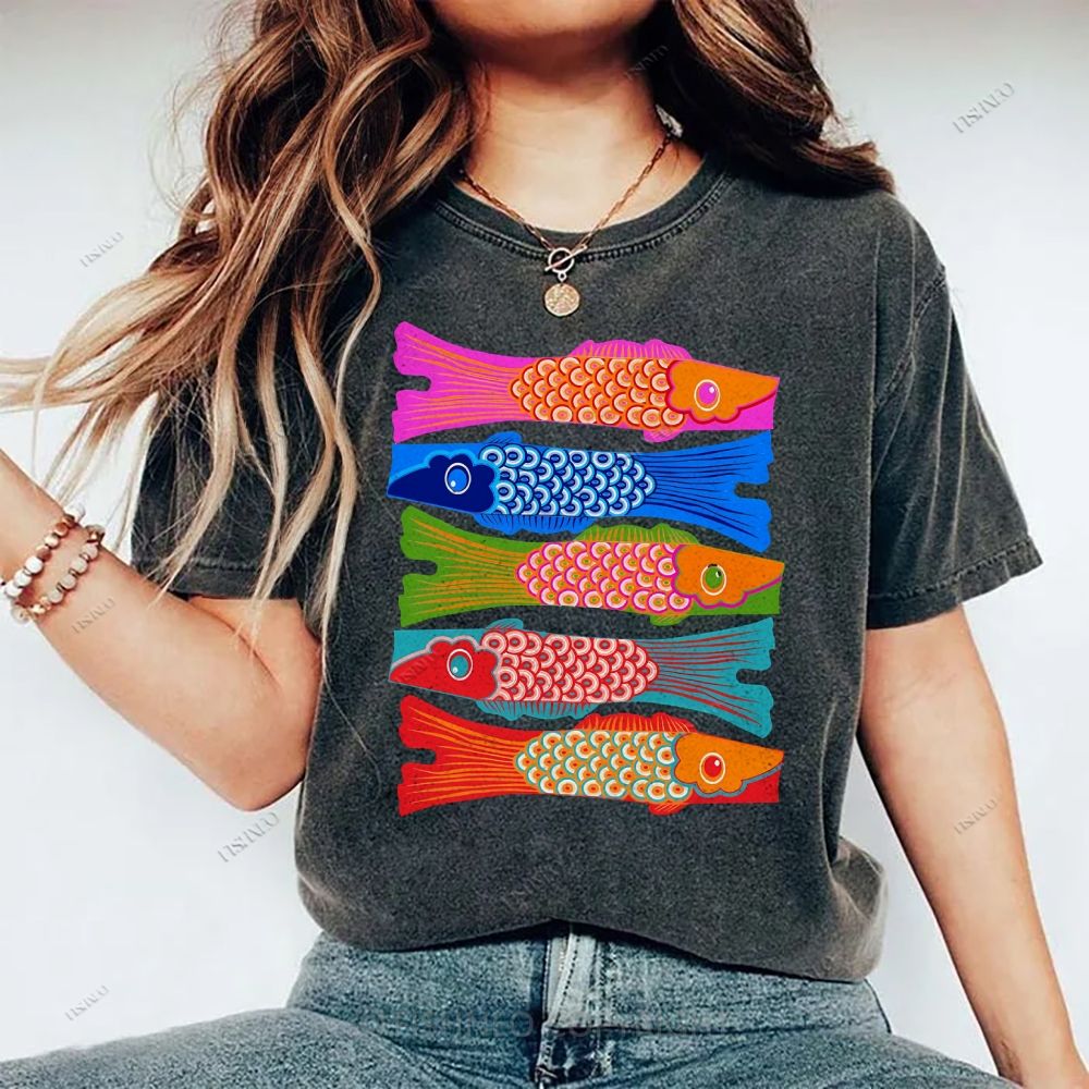 Unisex Japanese Retro Fish Kite Printed Washed Tee
