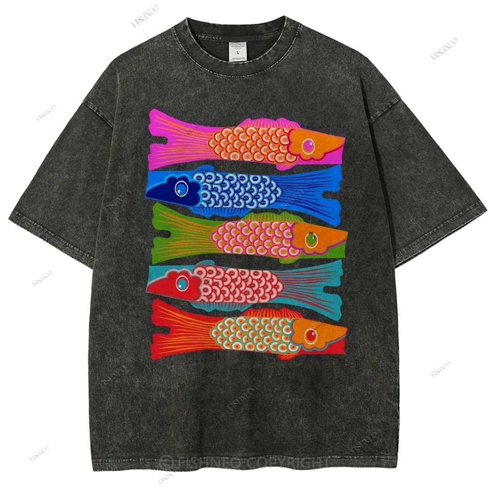 Unisex Japanese Retro Fish Kite Printed Washed Tee