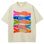 Unisex Japanese Retro Fish Kite Printed Washed Tee