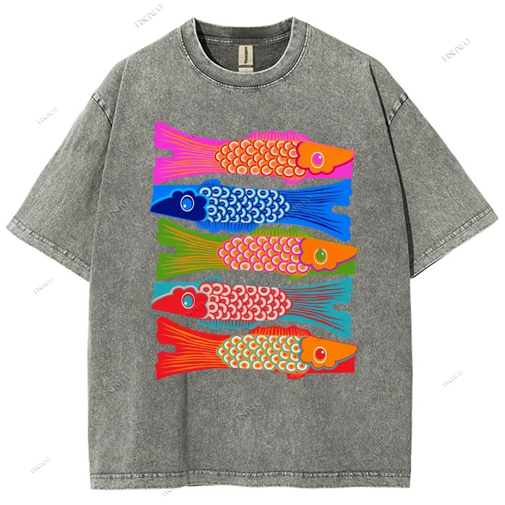 Unisex Japanese Retro Fish Kite Printed Washed Tee