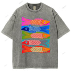 Unisex Japanese Retro Fish Kite Printed Washed Tee