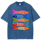 Unisex Japanese Retro Fish Kite Printed Washed Tee