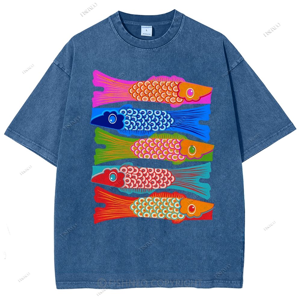 Unisex Japanese Retro Fish Kite Printed Washed Tee