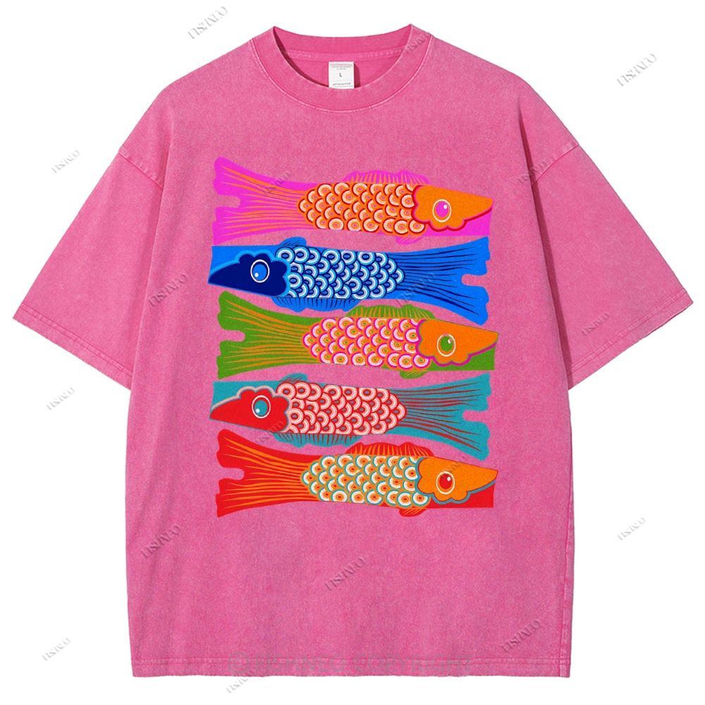 Unisex Japanese Retro Fish Kite Printed Washed Tee