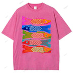 Unisex Japanese Retro Fish Kite Printed Washed Tee